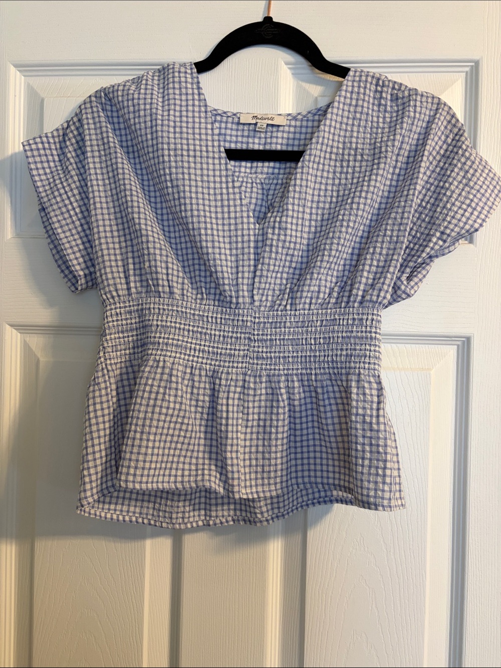 Madewell Light Blue Gingham Smocked Peplum Blouse